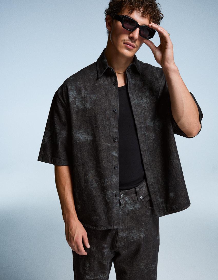 Printed short sleeve boxy fit shirt-Black-2