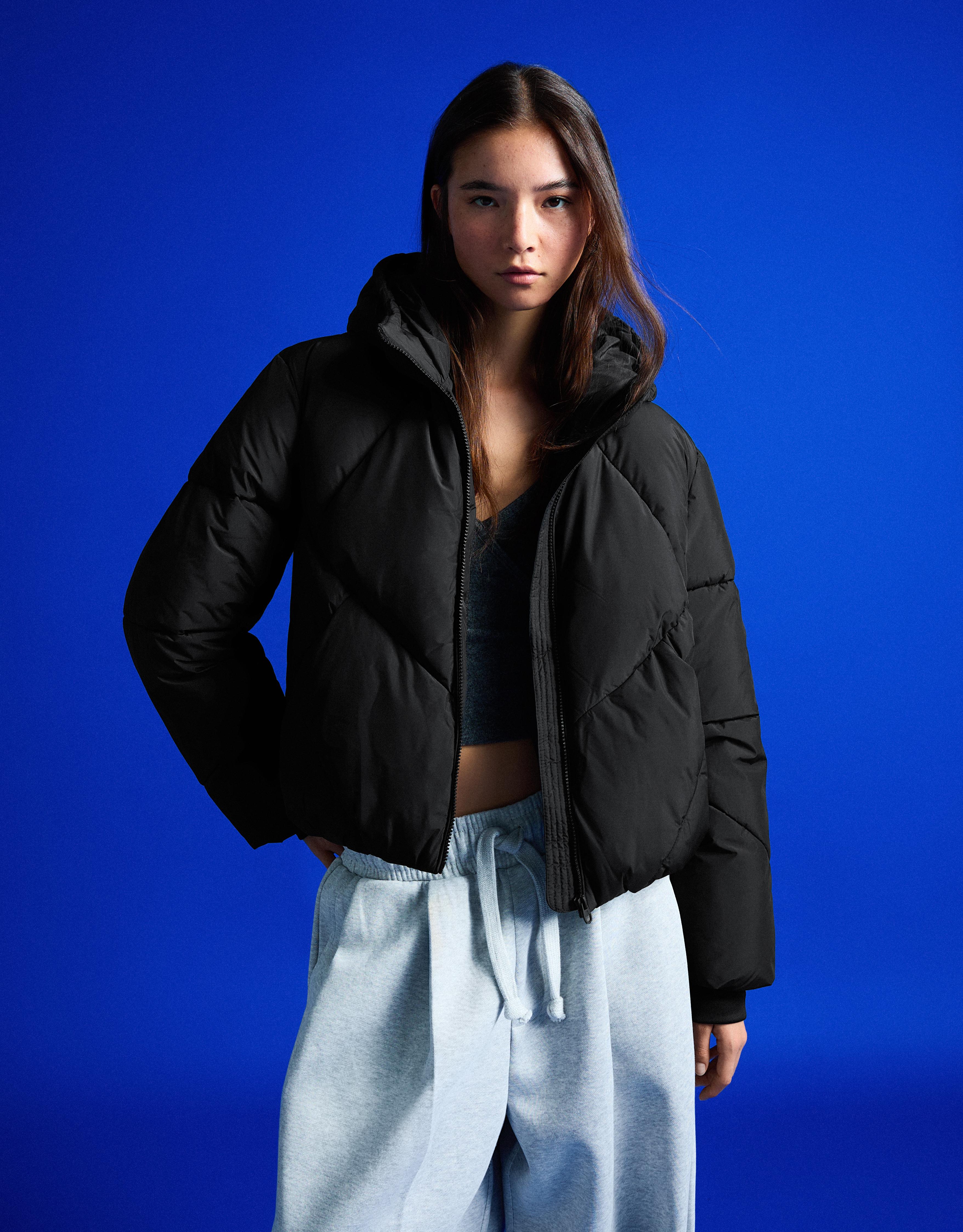 Hooded puffer jacket — Black