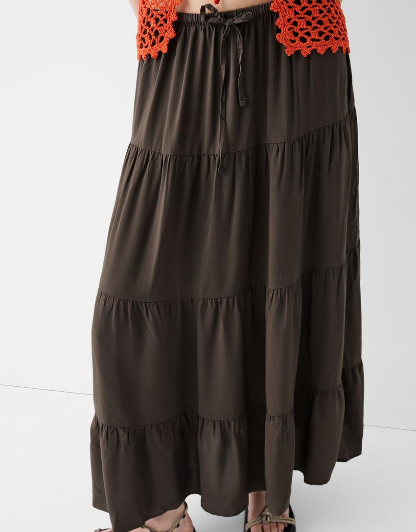 Midi skirt with elastic waist-Brown-3
