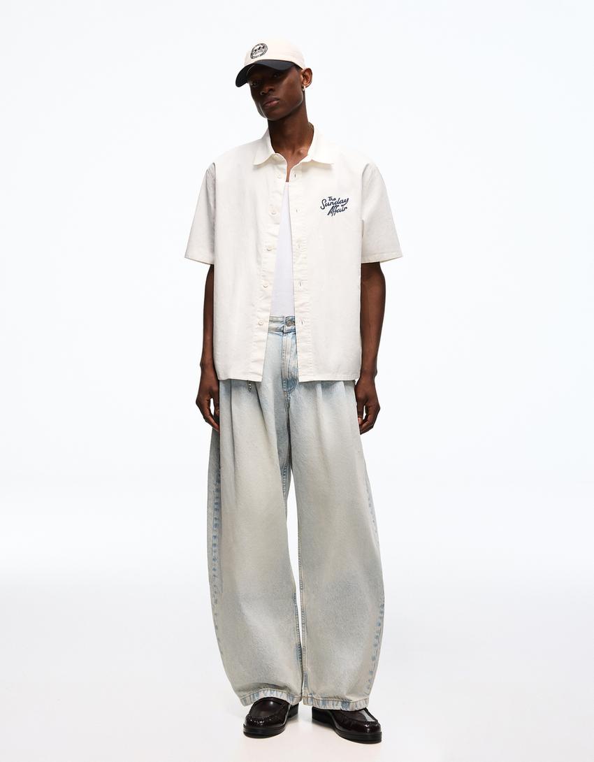 Chemise manches courtes brodée-Écru