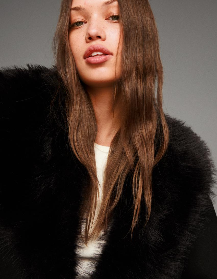 Abrigo cuello efecto pelo desmontable-Negro