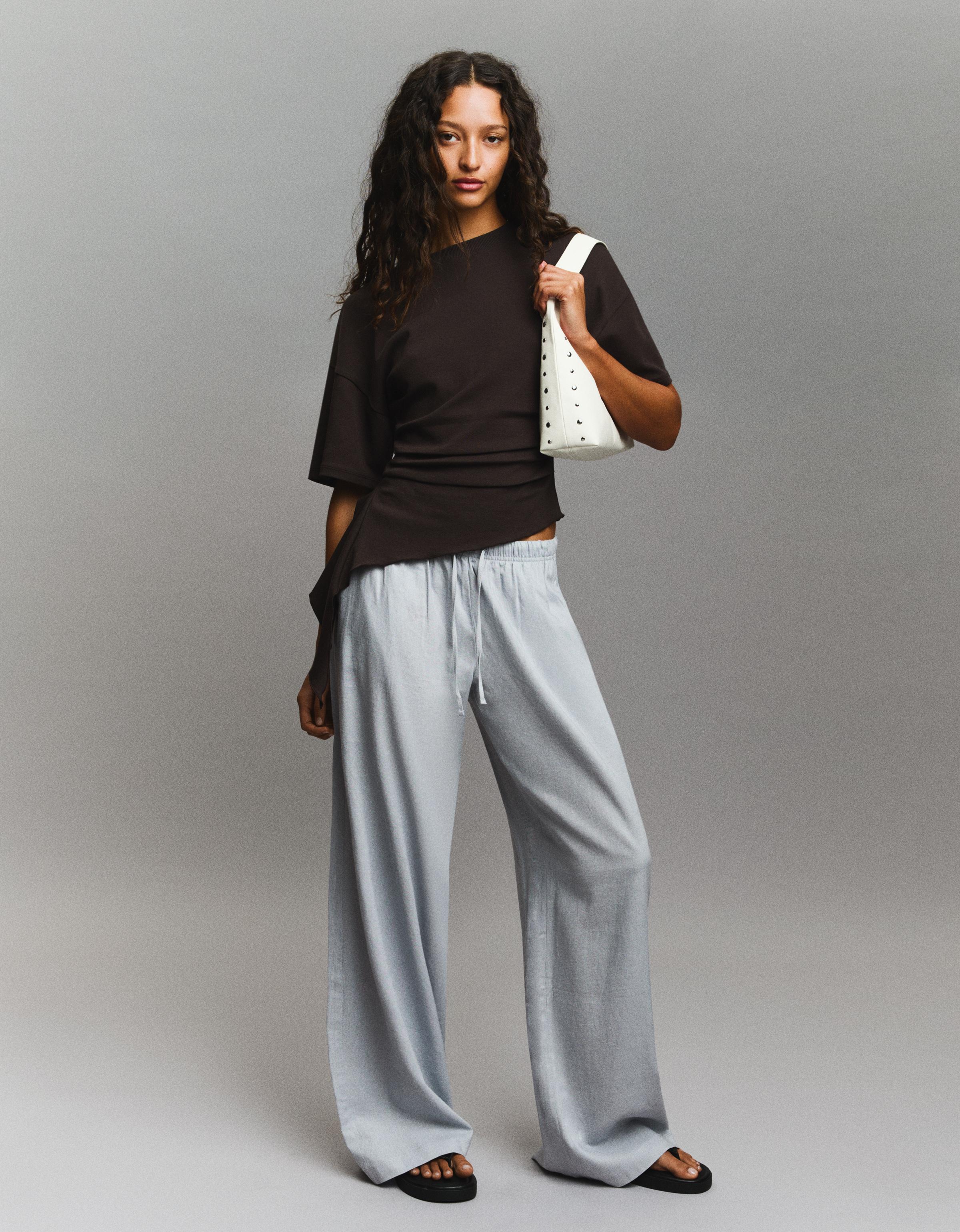 Bershka Pantalón Cintura Elástica Mujer Gris