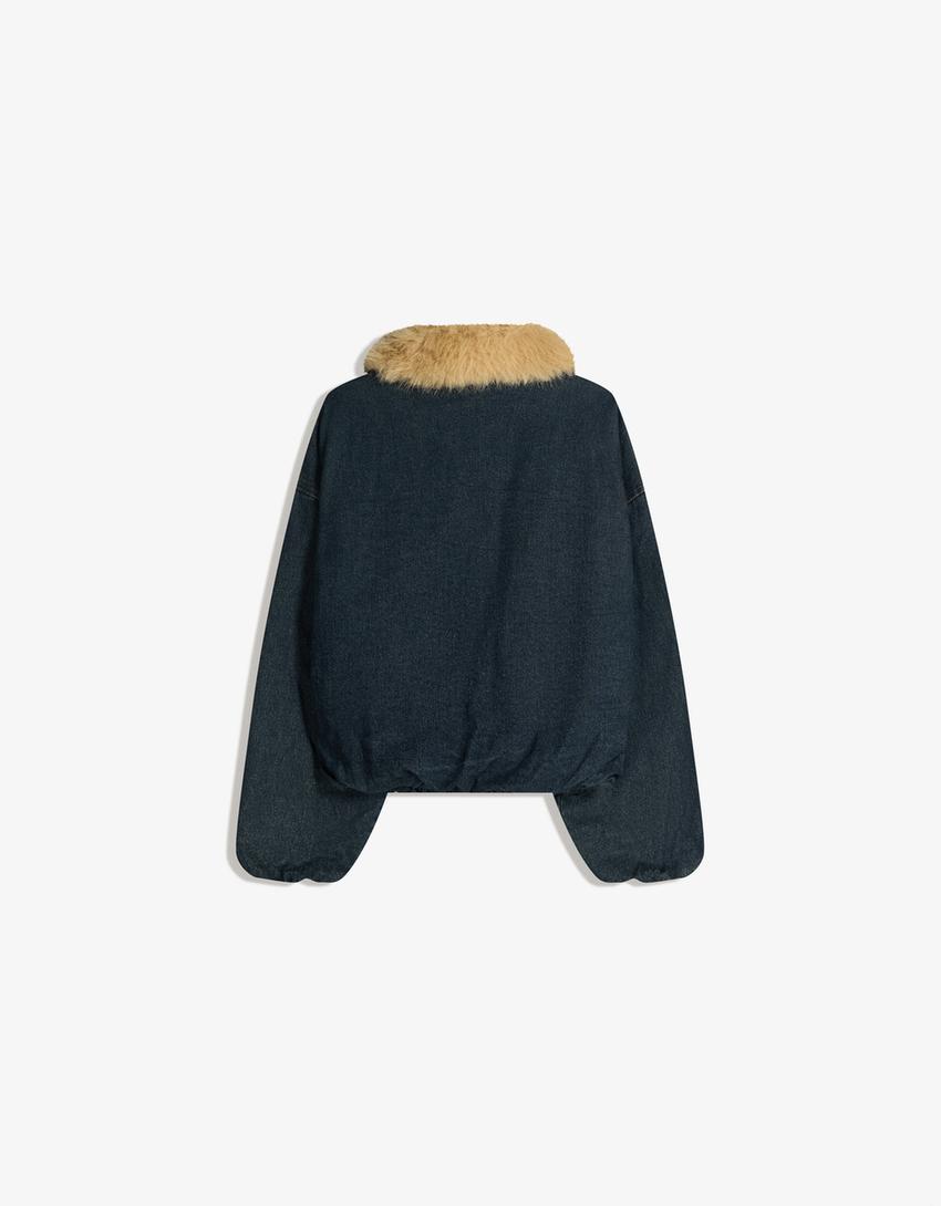 Jeansjacke mit Kunstfellkragen-Ausgewaschenes Blau