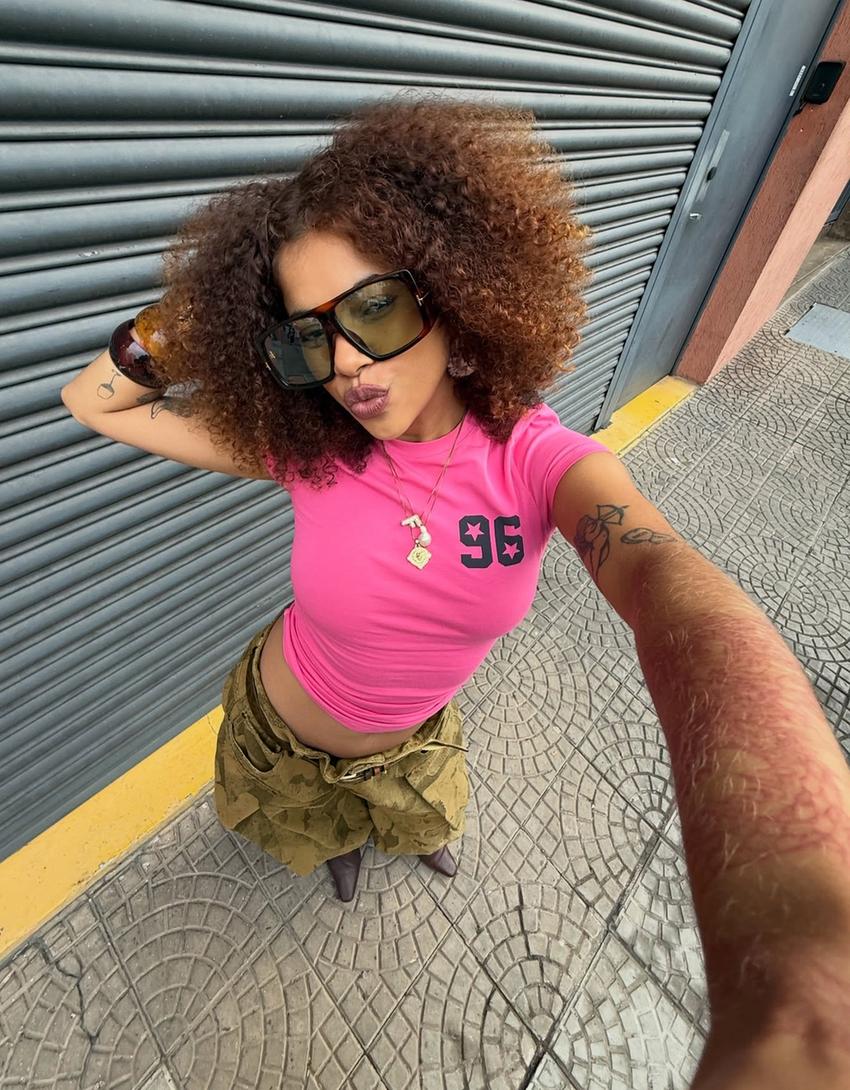 Short sleeve T-shirt with gathering and print-Fuchsia