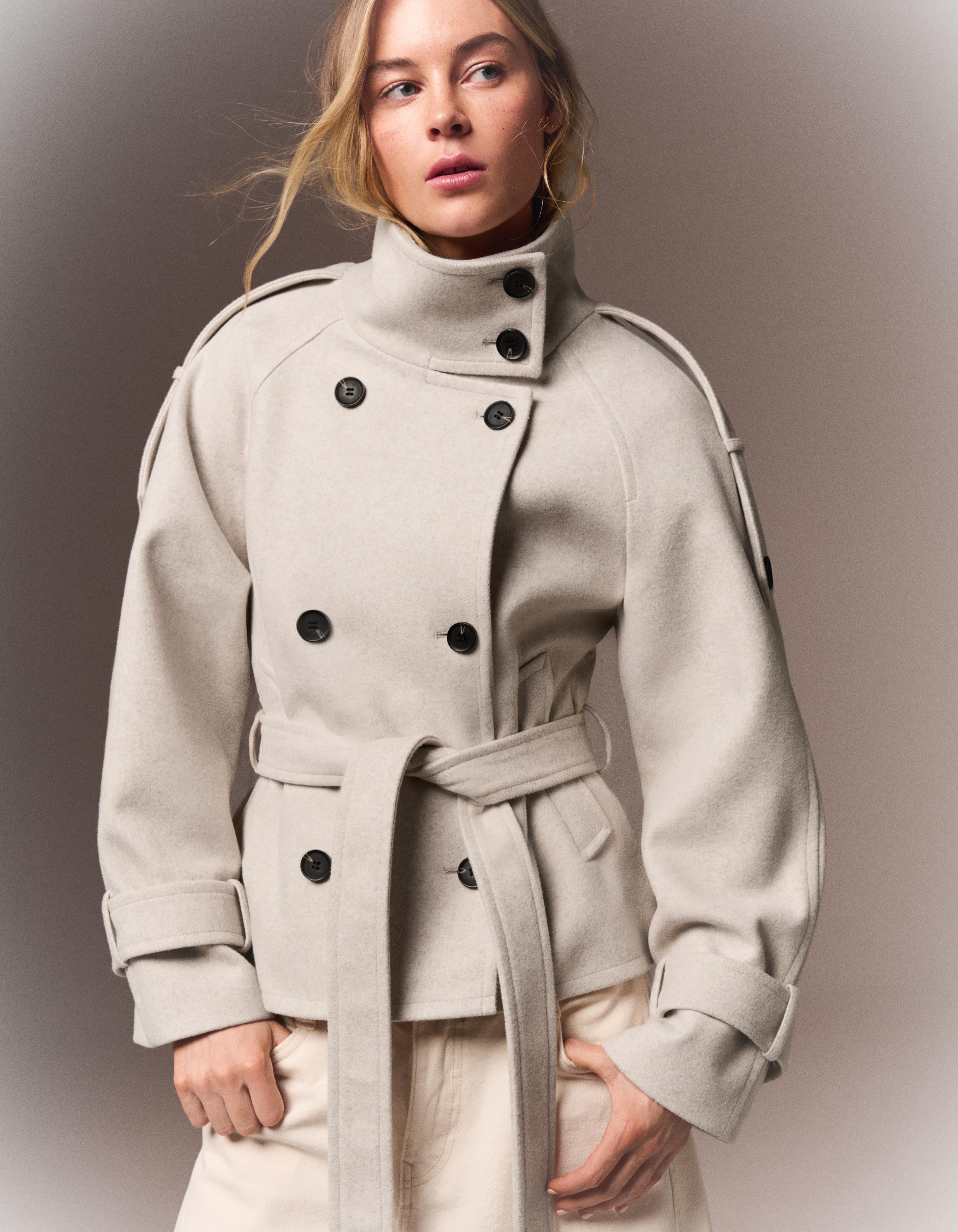 Bershka Cazadora Trench Cuello Funnel Mujer Beige