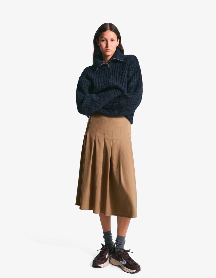 Midi skirt with box pleats-Sand