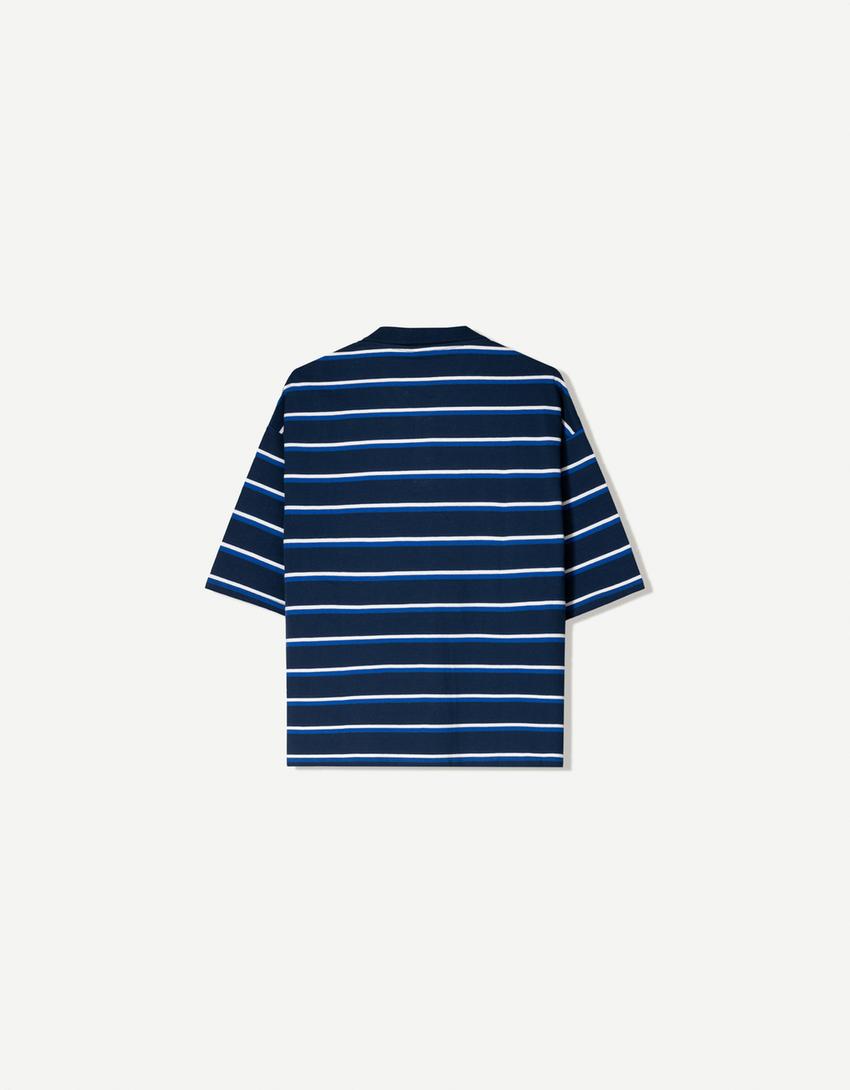 Vyšívaná polokošile boxy fit s krátkými rukávy-Modrá-6