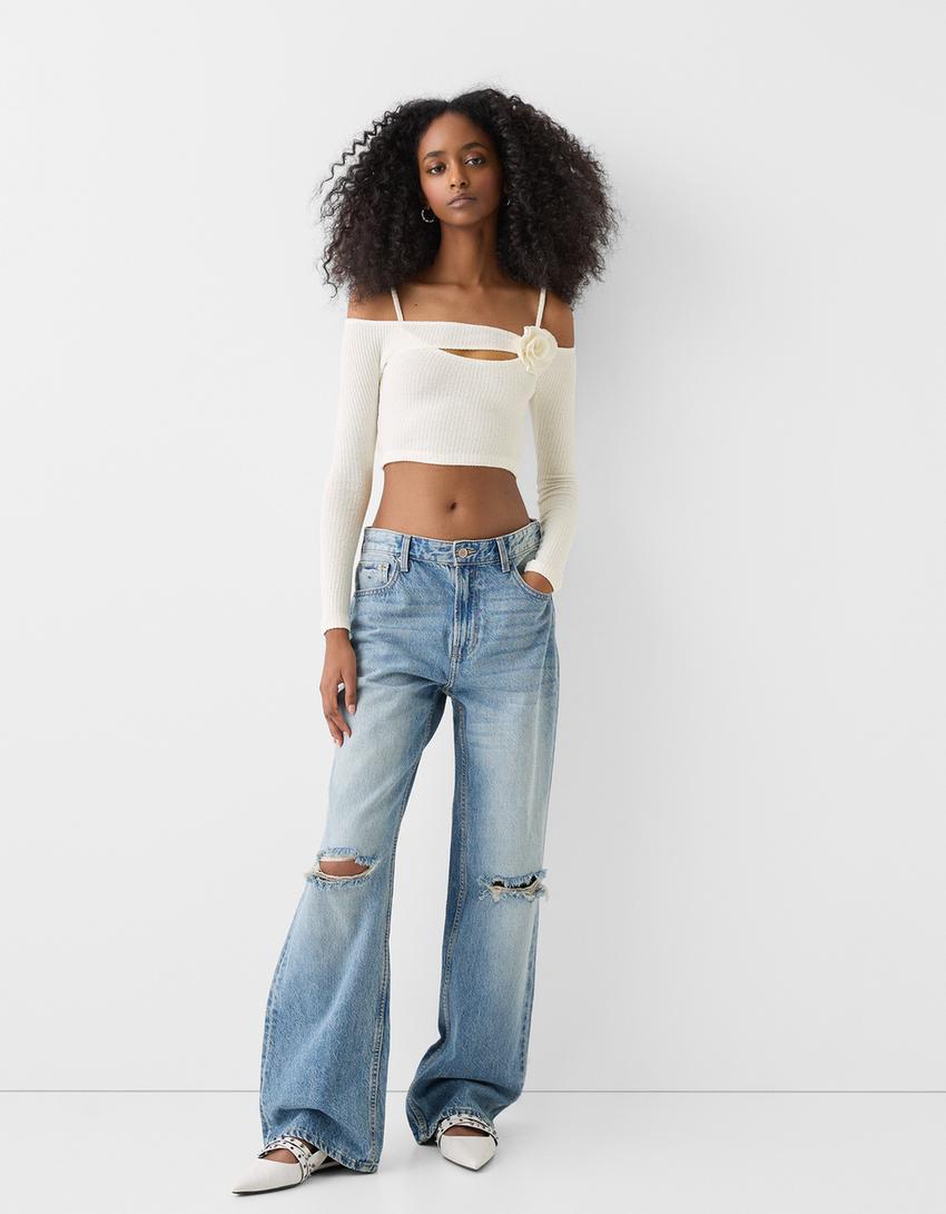 تيشرت بأكمام طويلة وتفصيل أزهار ودرزات-كريمي-3