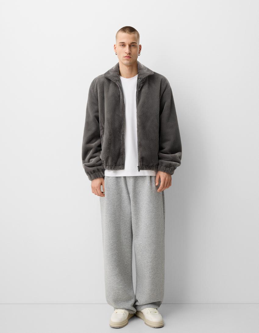 Faux fur zip-up high neck jacket-Dark grey-3