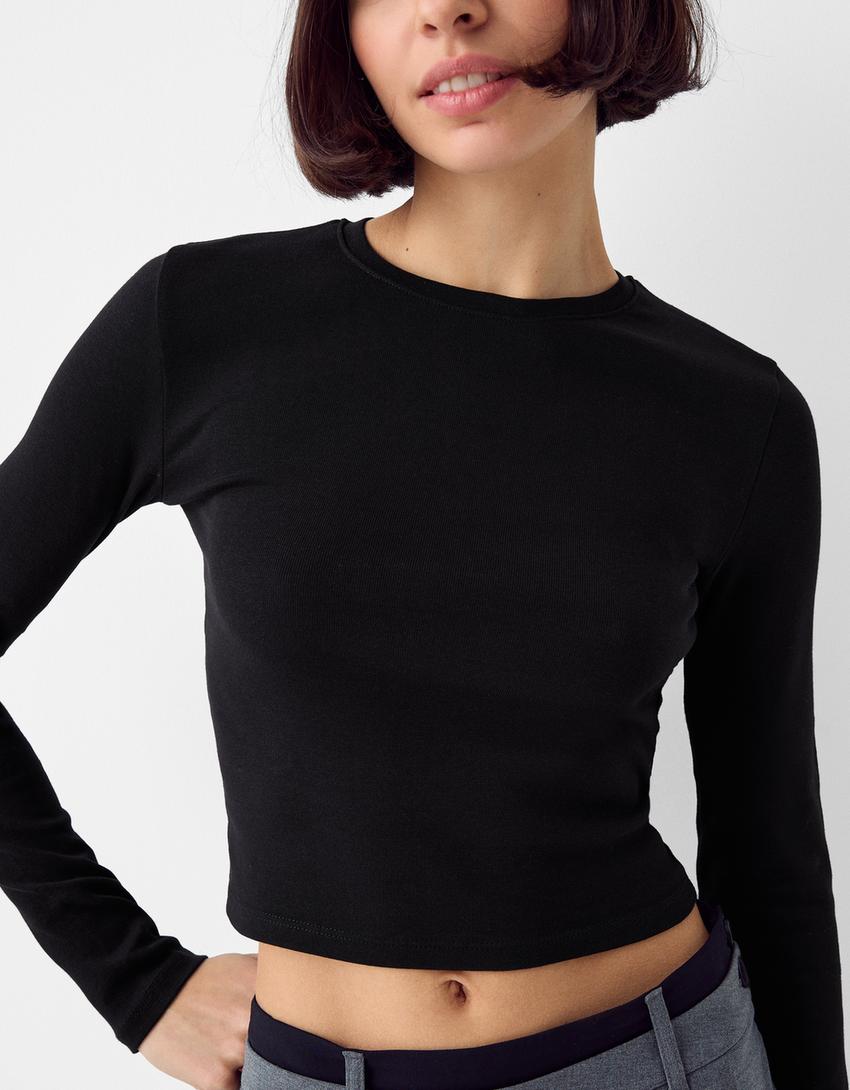 Long sleeve T-shirt with a round neck-Black-2