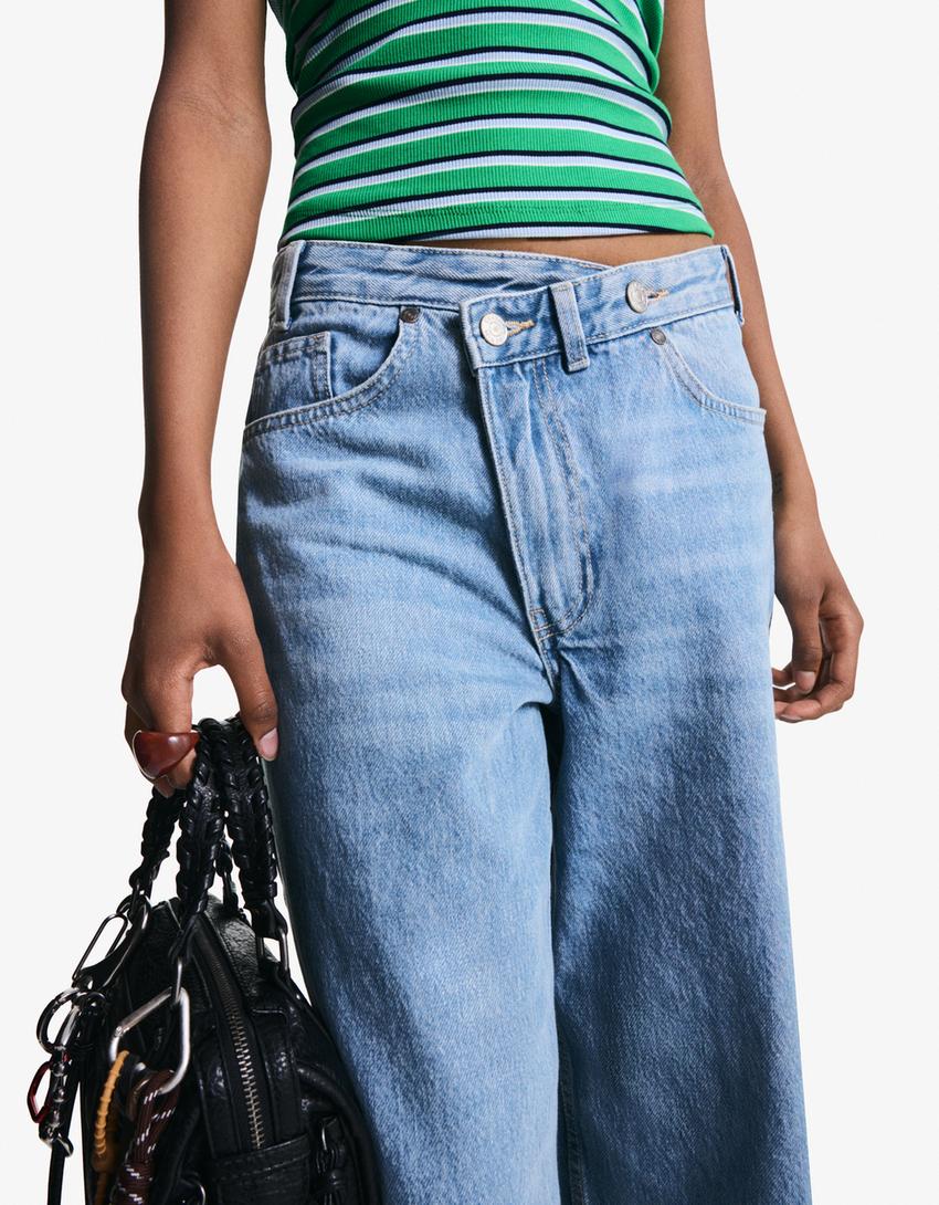 Jeans wide leg cintura cruzada-Azul lavado