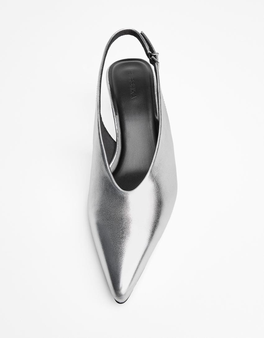 Kitten heel slingback shoes-SILVER