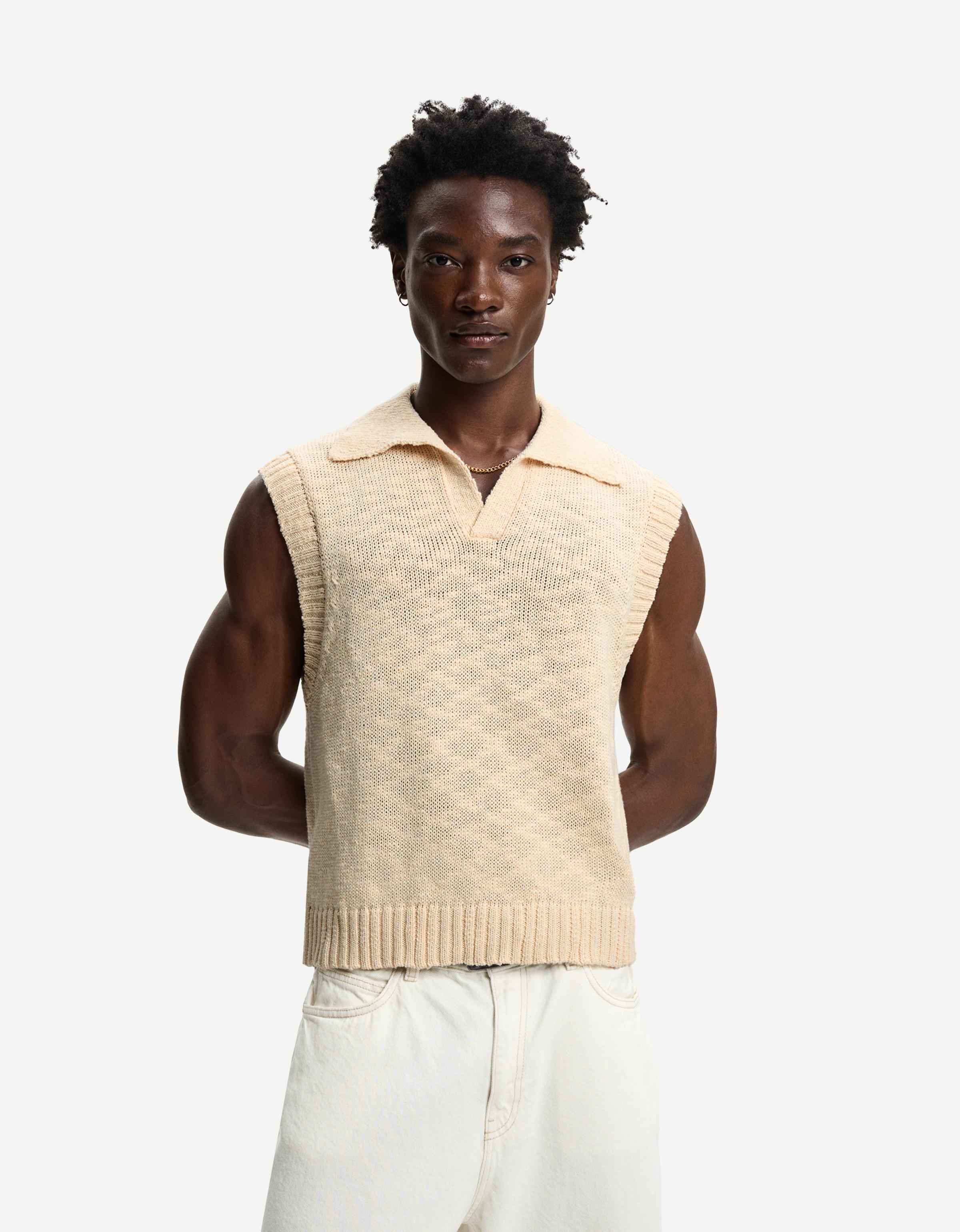 Bershka Rustikale Weste Mit Polo-Kragen Herren Xl Sandfarbe