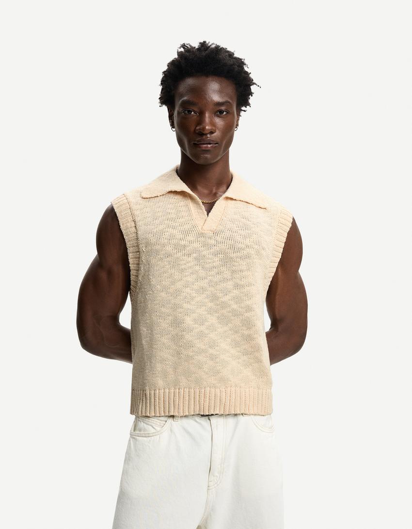 Rustik polo yaka yelek-Kum rengi-0
