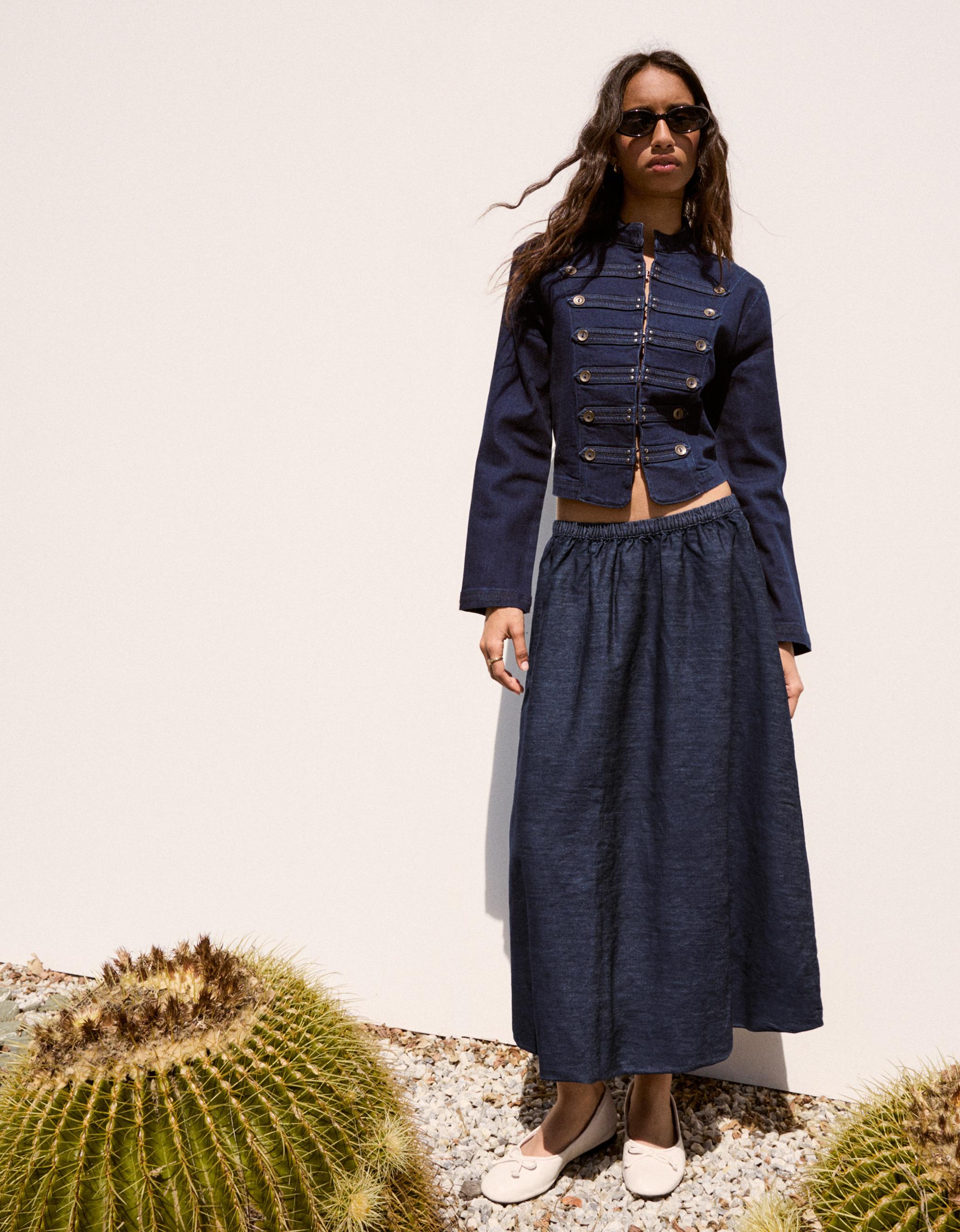 Denim balloon midi skirt — Navy