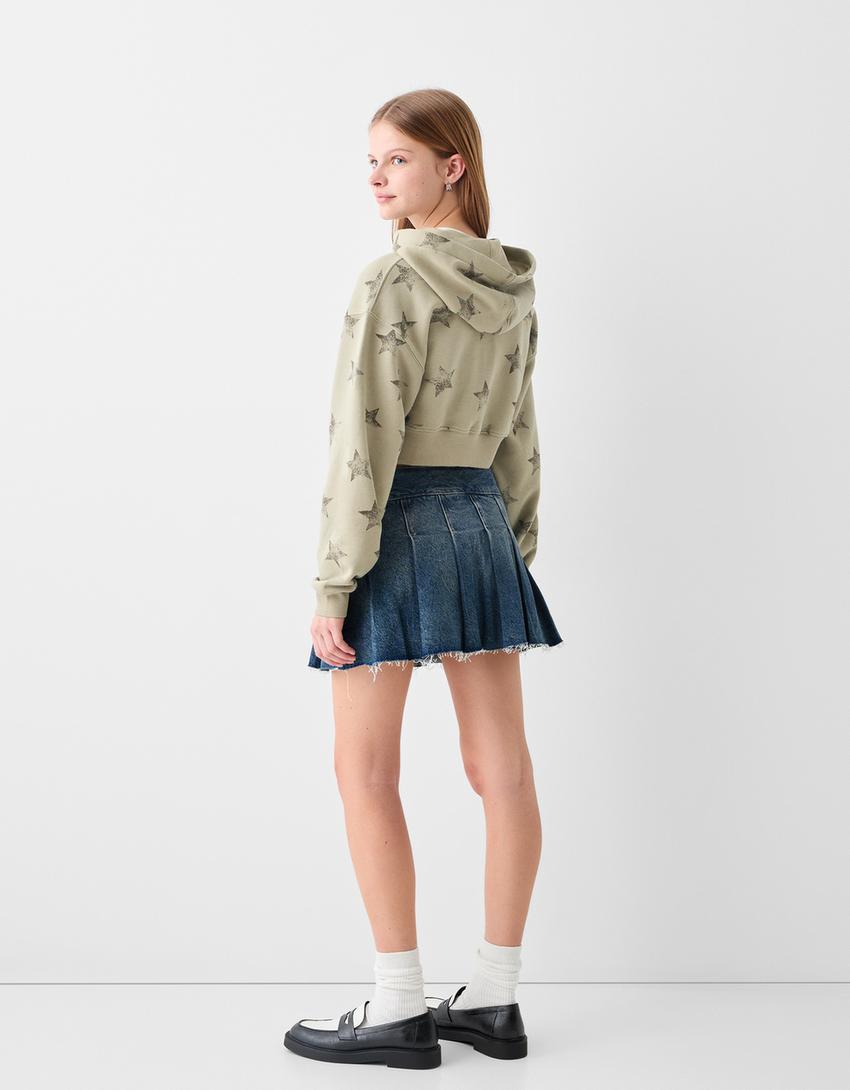 Minijupe-culotte denim plissée-Bleu lavé-2