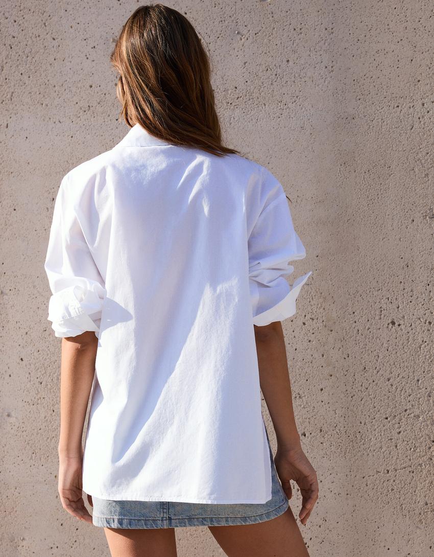 Camisa de manga comprida com botão cruzado-Branco