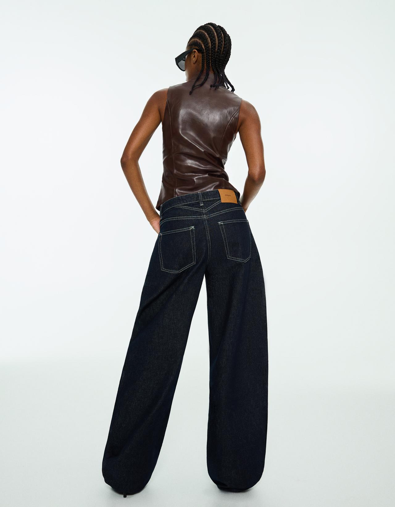 Leather-effect sleeveless high-neck top — Brown