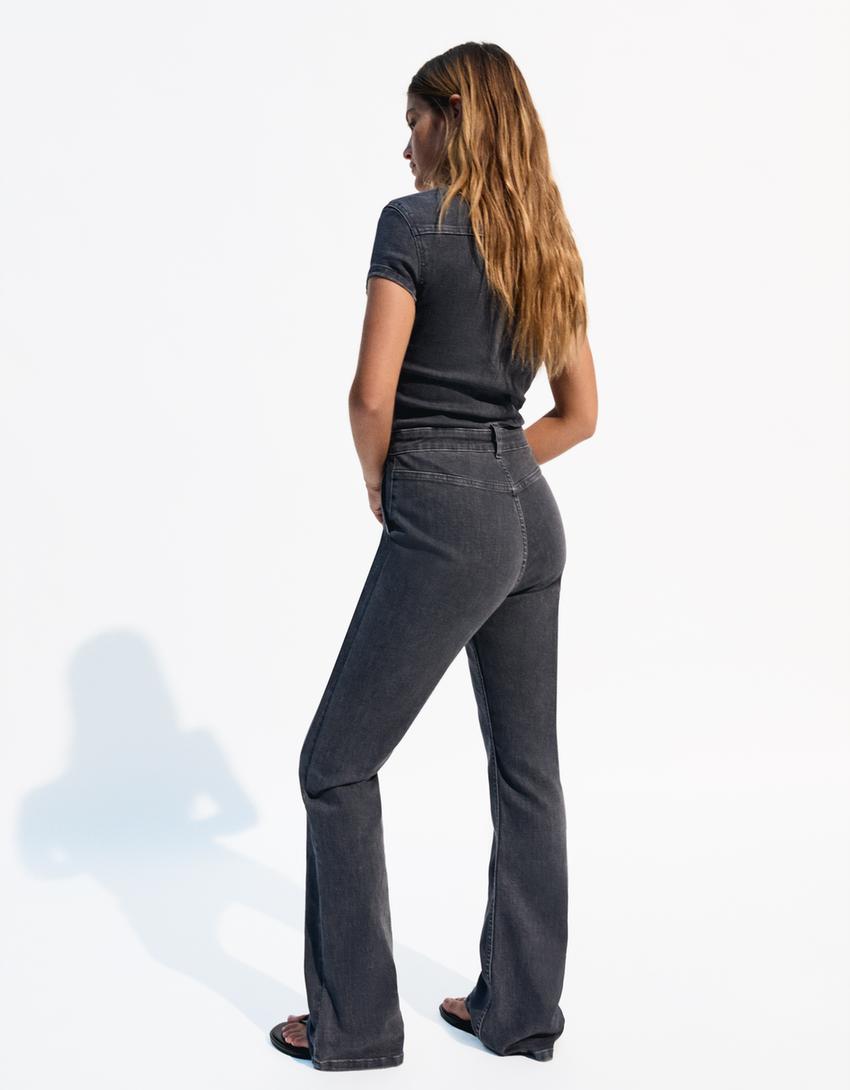 Tuta intera lunga in denim a maniche corte-Grigio scuro-2