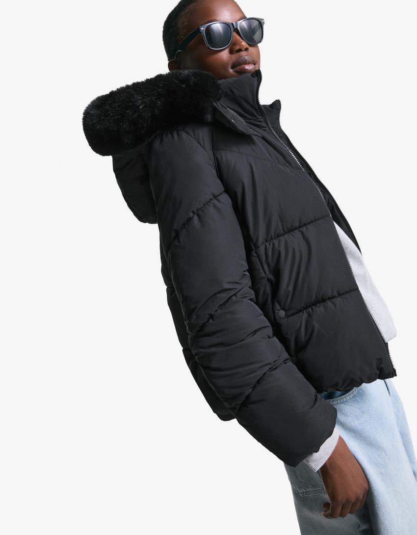Doudoune capuche fourrure-Noir-1