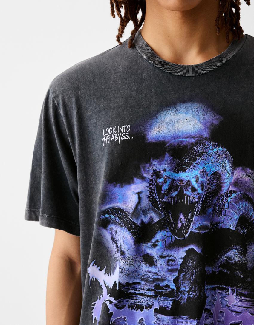 T-shirt manches courtes boxy fit imprimé-Gris-5