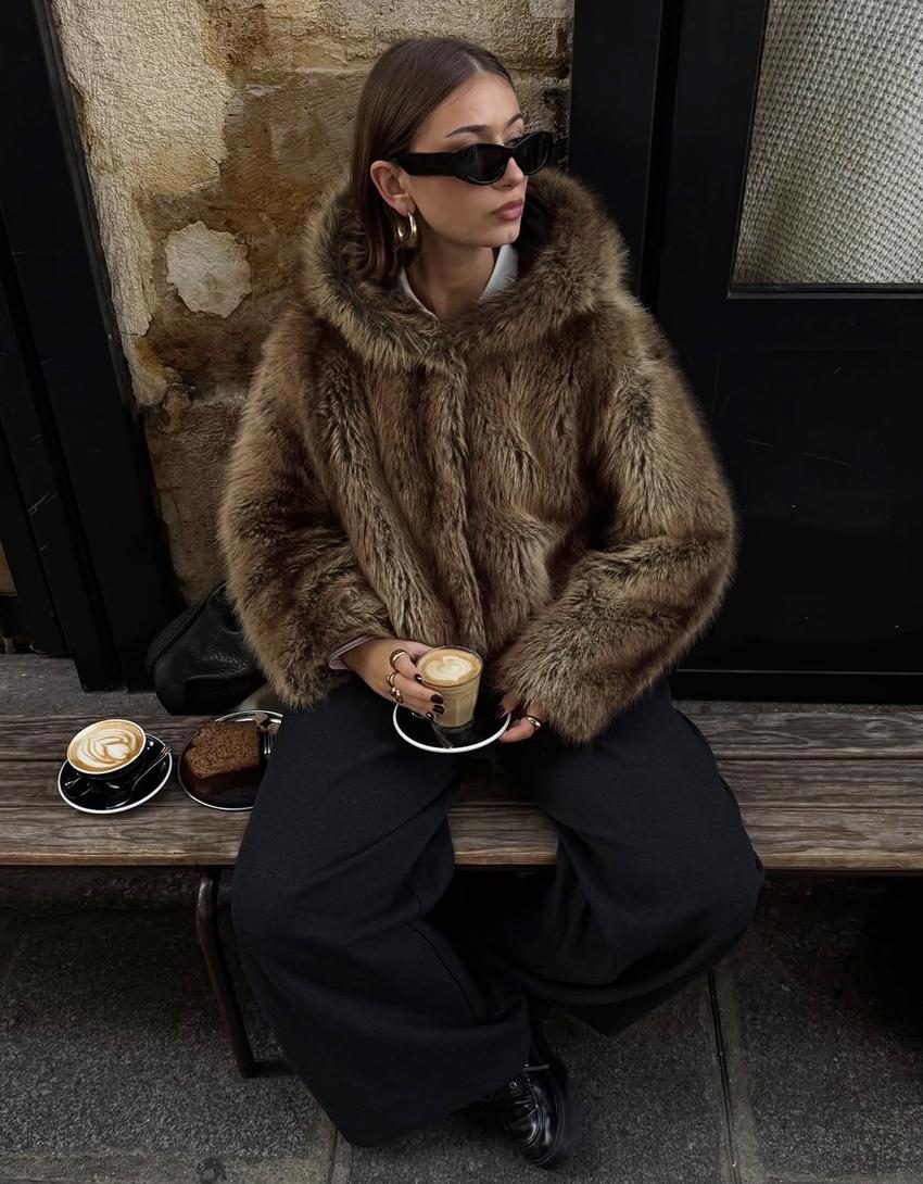 Veste fausse fourrure capuche-Marron