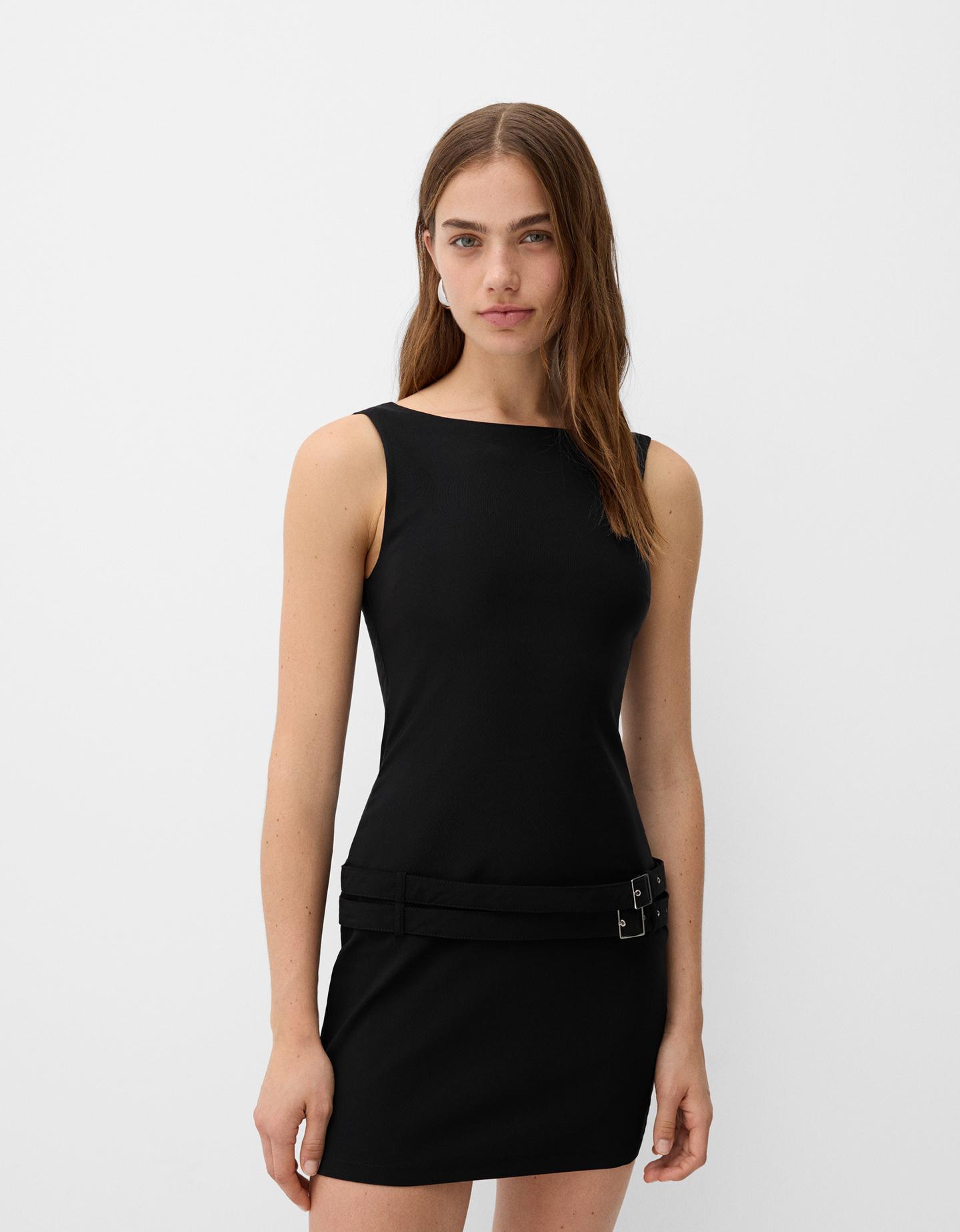 Bershka Vestido Mini Cinturón Hebillas Mujer L Negro