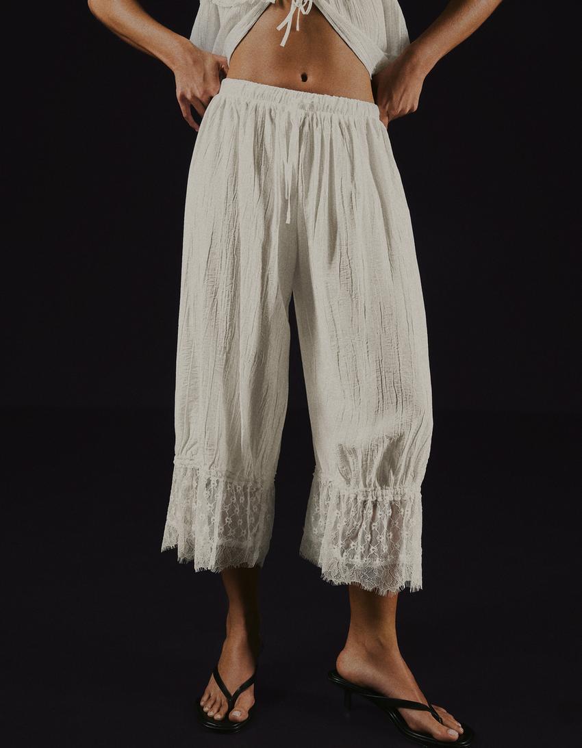 Pantalon bouffant style lingerie-Blanc cassé