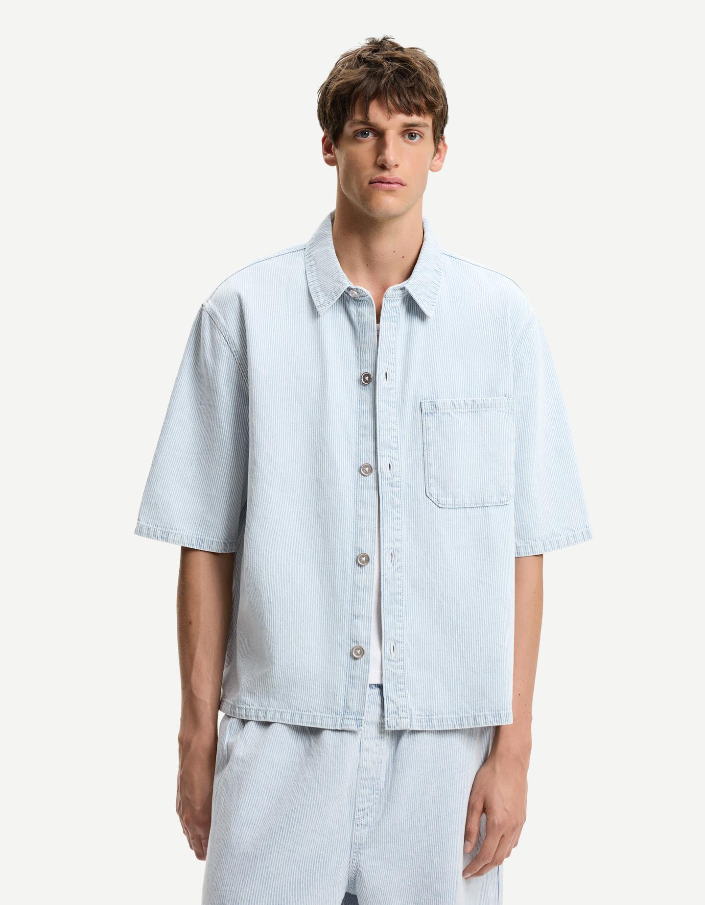 Bershka Camisa Manga Corta Denim Hombre S Azul Claro