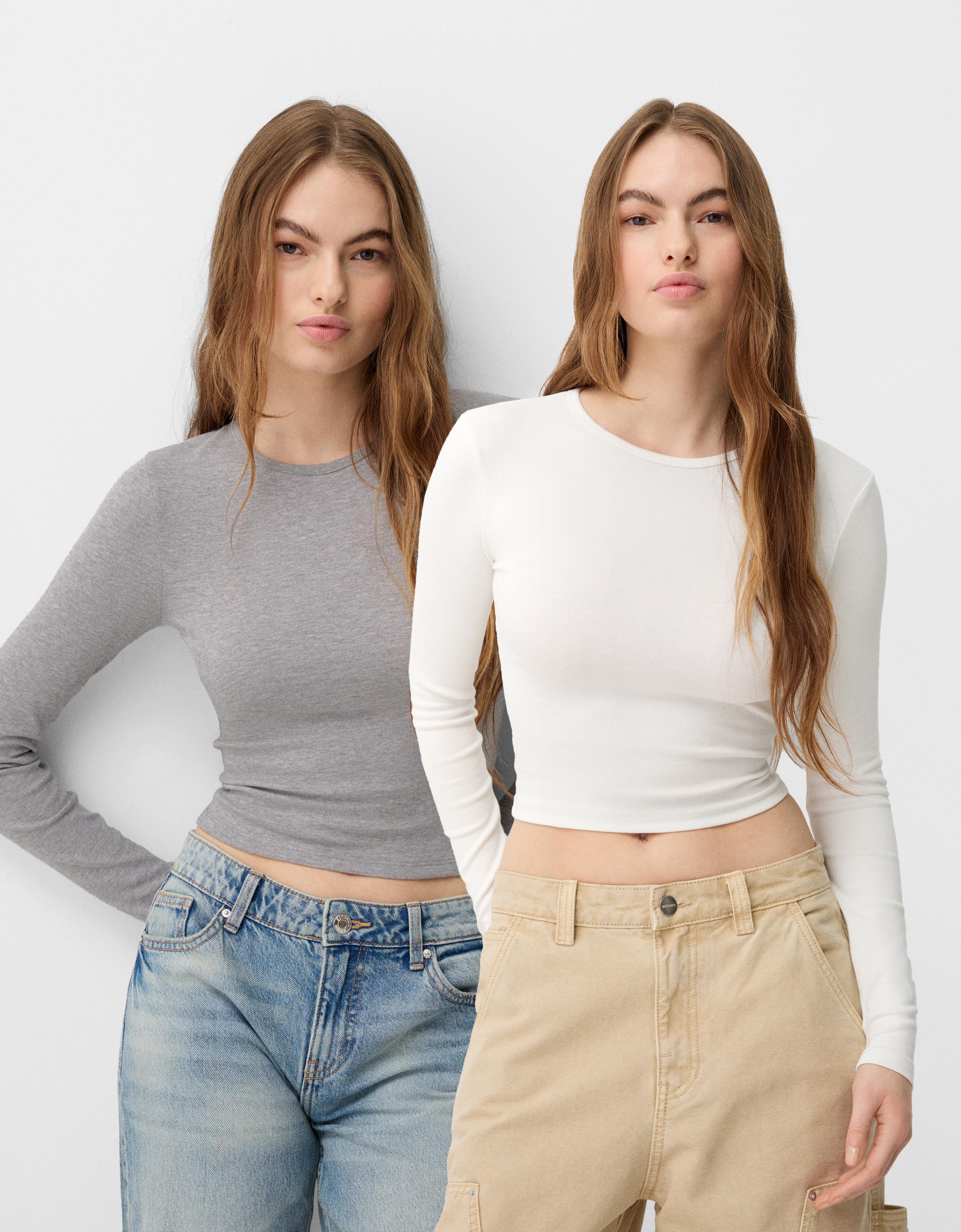 Bershka 2er-Pack Langarmshirts Mit Langen Ärmeln Und Rundausschnitt Damen Xs Kombiniert