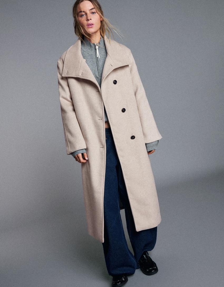 Long funnel neck coat with belt-Sand