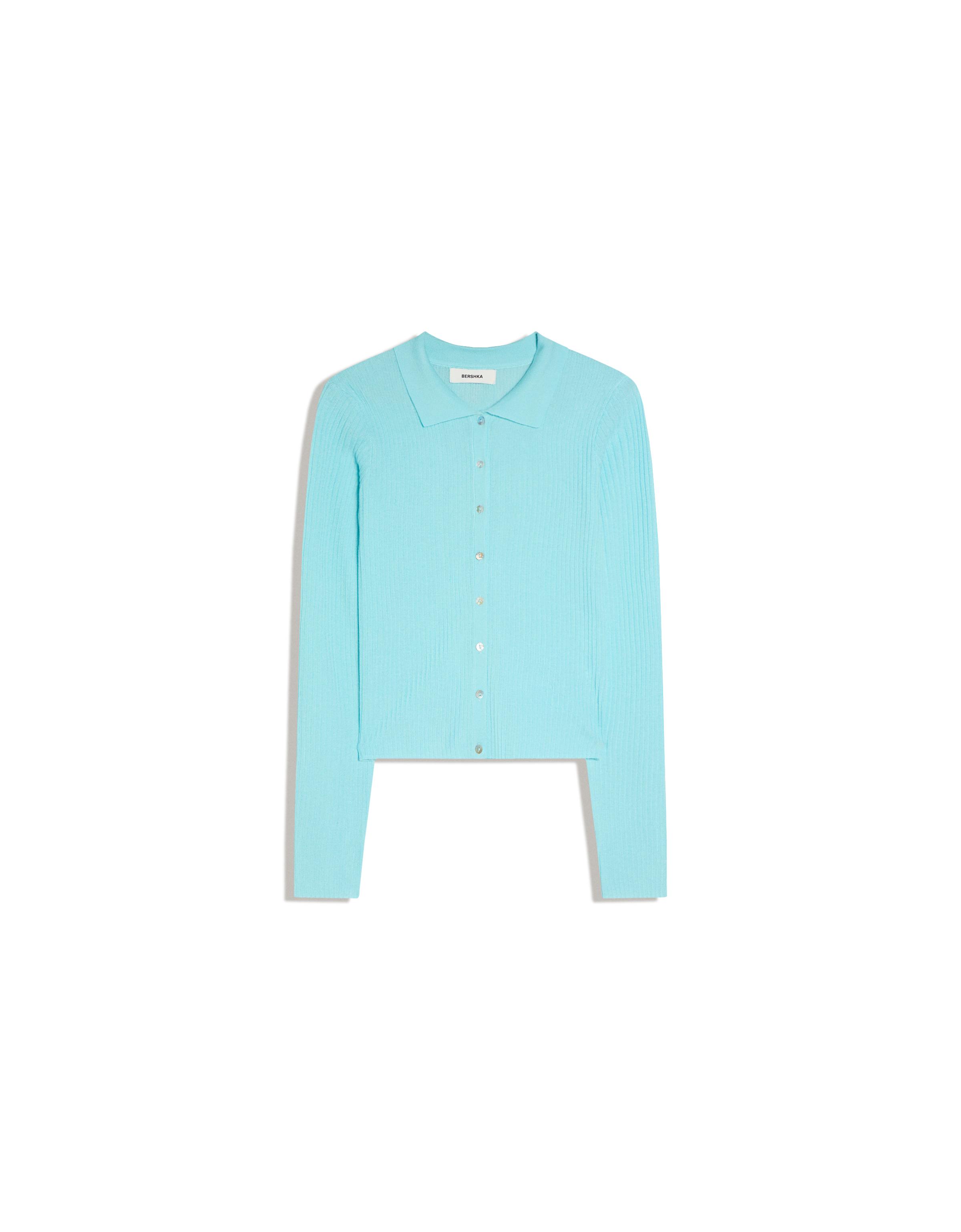 Fine knit polo collar cardigan — Light blue