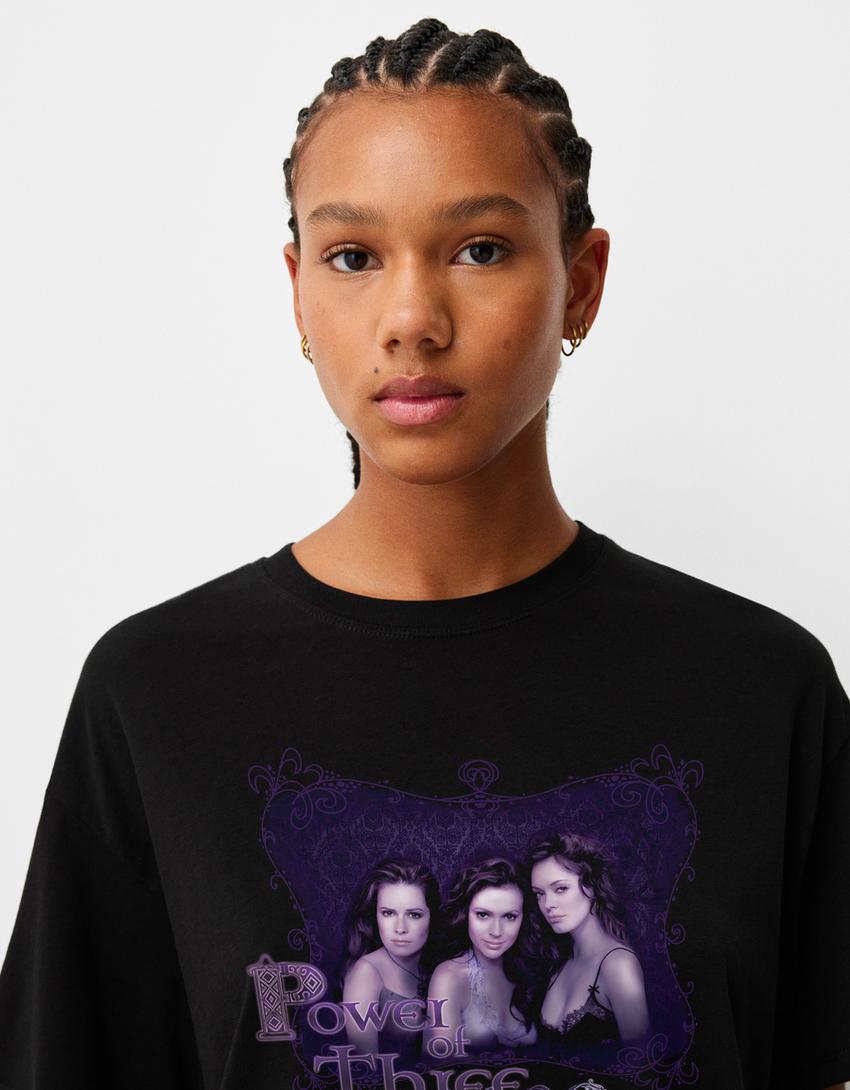 Koszulka oversize z krótkim rękawem i nadrukiem Charmed-Czarny-3
