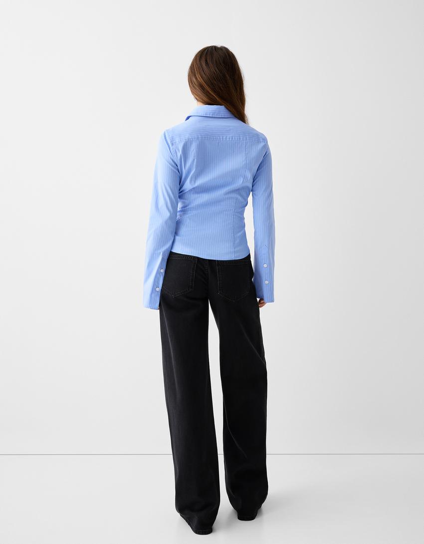 قميص ضيق بأكمام جرسية طويلة-أزرق-1