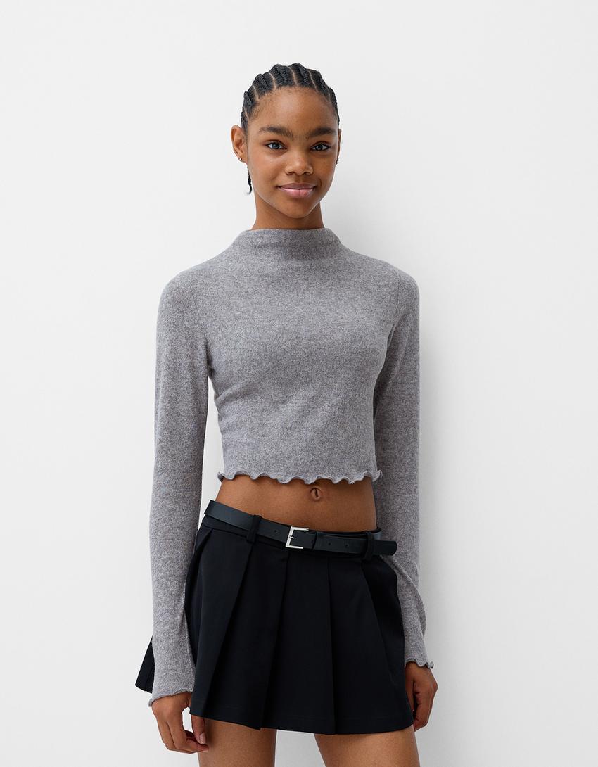 Crop Top Grey Cropped Turtleneck Sweater Gracie Grey Long Sleeve