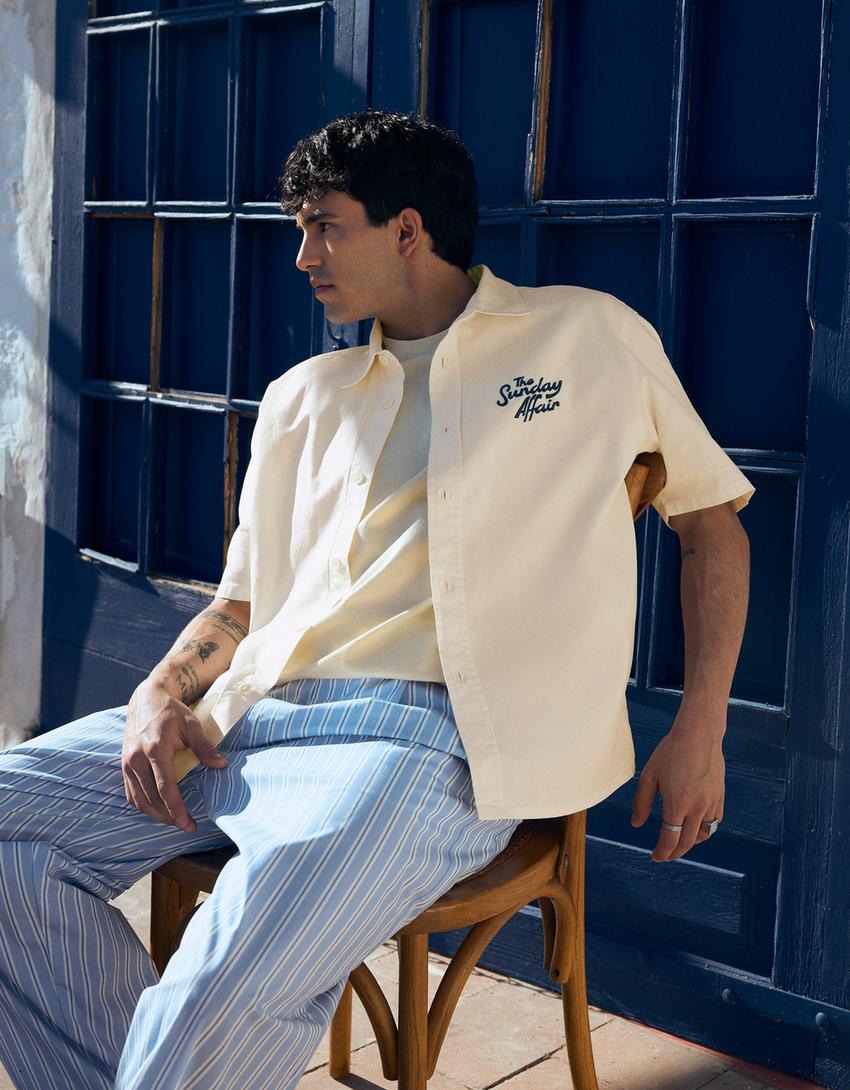 Camisa manga corta bordado-Crudo