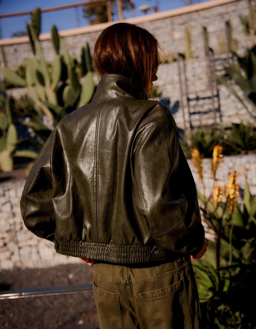 Blouson similicuir à revers-Kaki