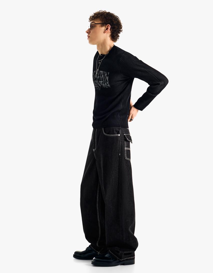 İşlemeli super baggy fit jean-Siyah