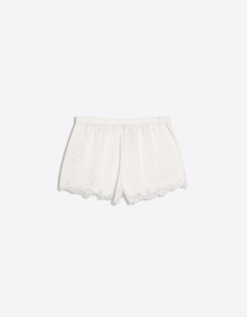 Lace sateen shorts-White