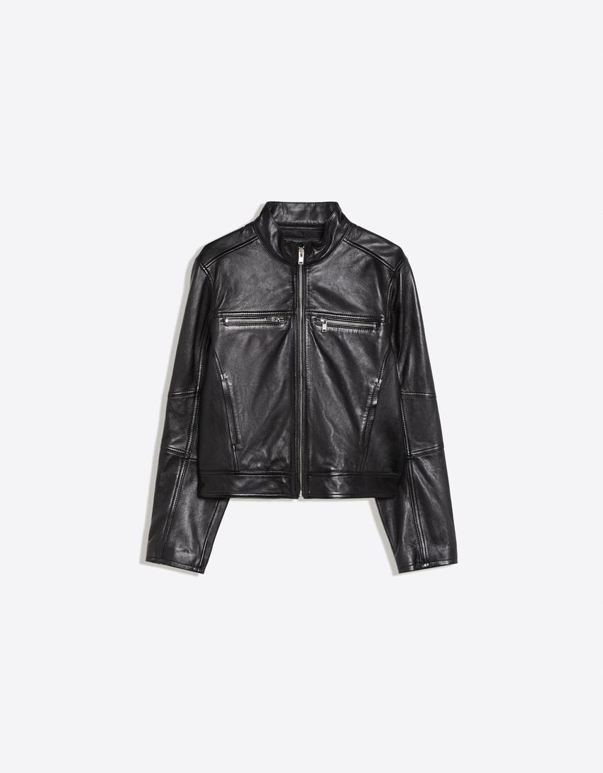 Leather zip biker jacket-Black