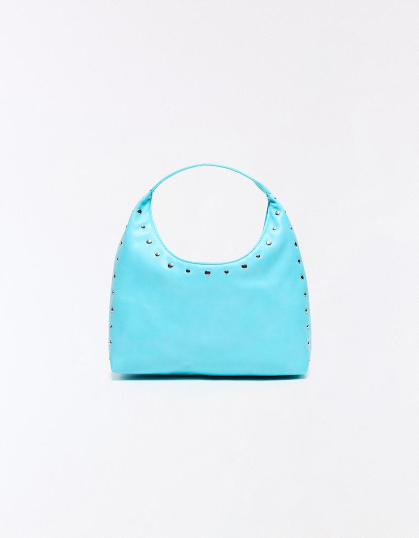 Studded leather effect bucket bag-Light blue