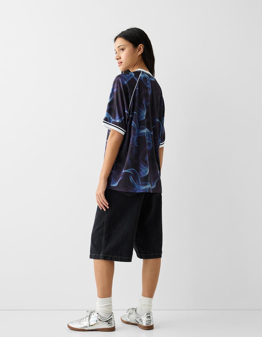 Kısa kollu oversize spor file t-shirt-Mavi-1