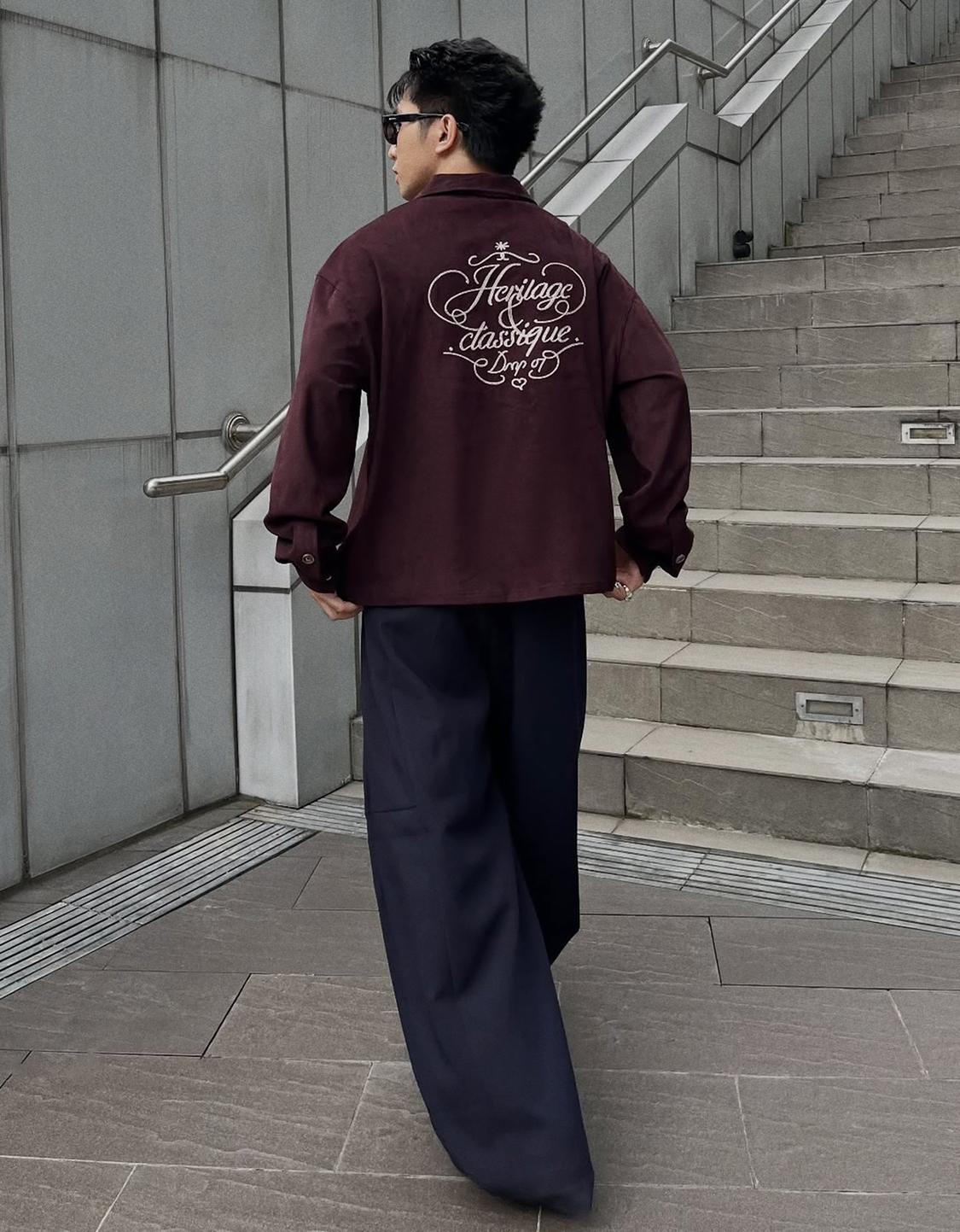 Embroidered faux suede boxy-fit overshirt