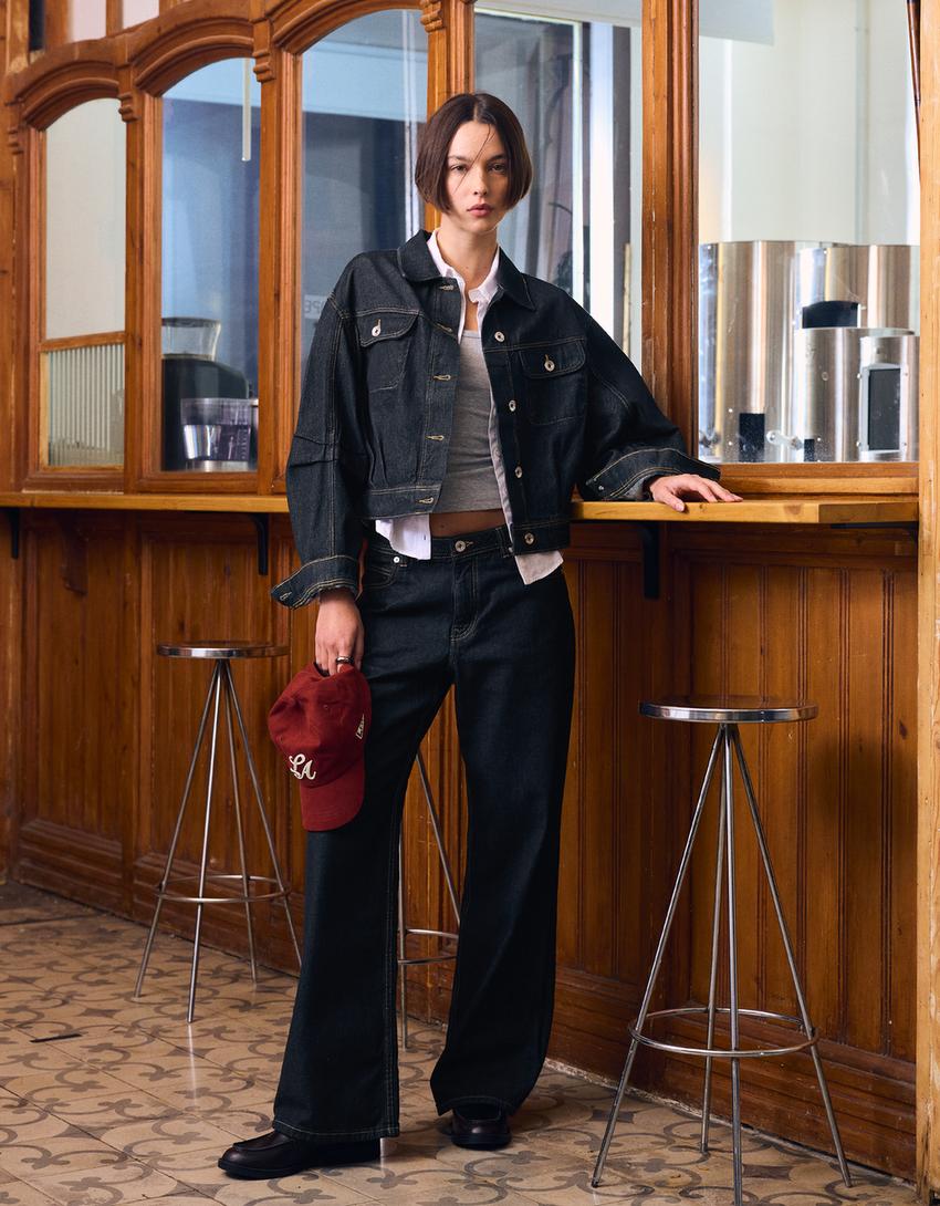 Balloon cropped denim jacket-Navy