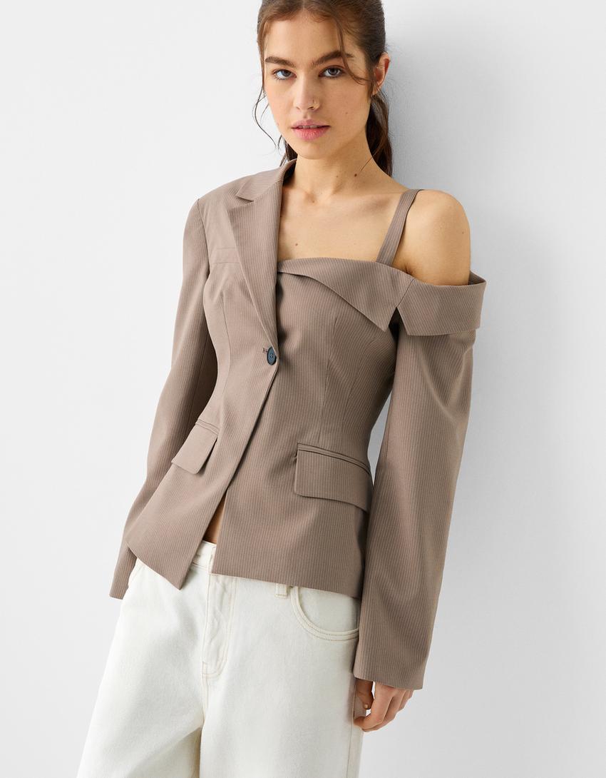 Asymmetric blazer with strap-Sand