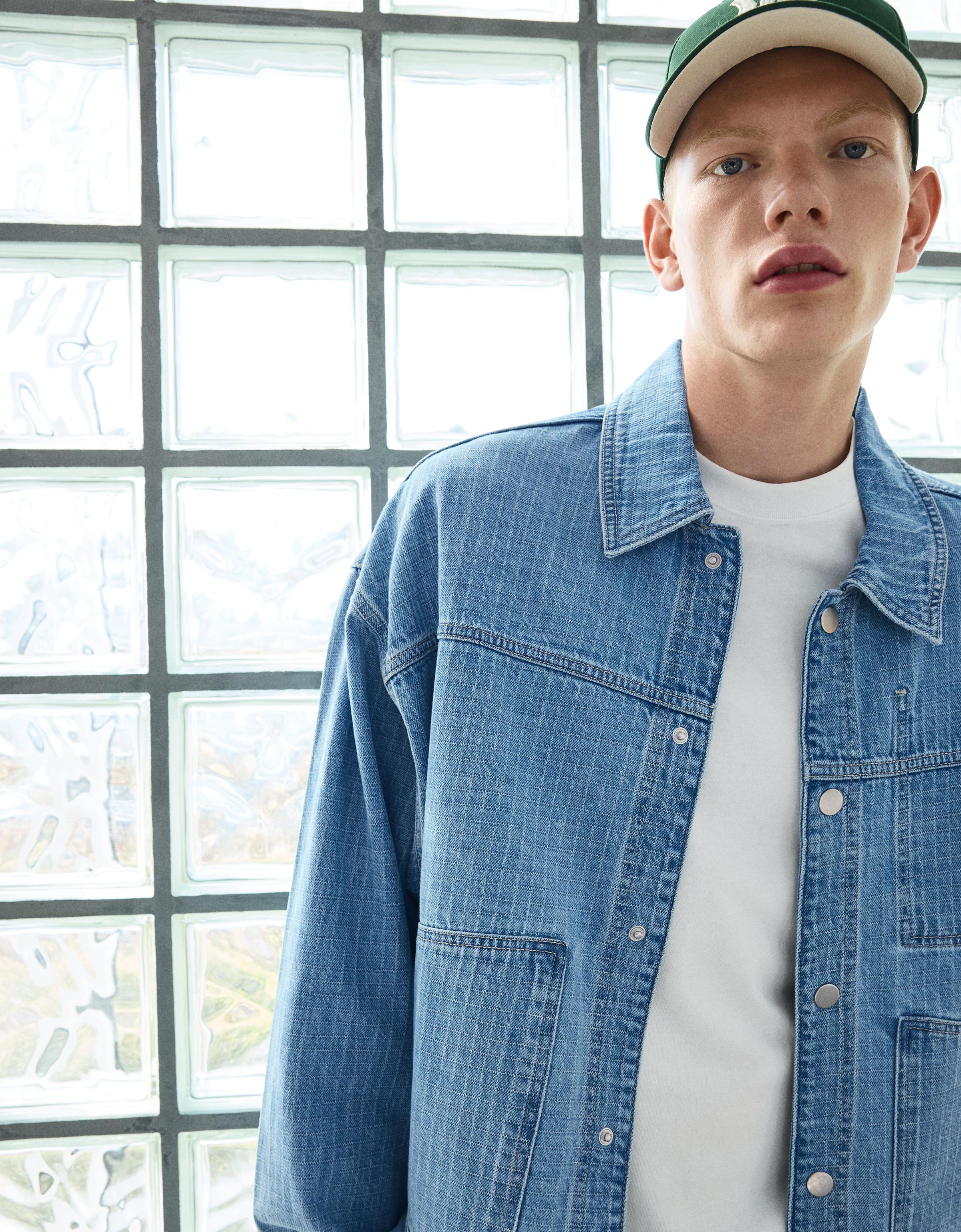Check texture denim shirt — Light blue