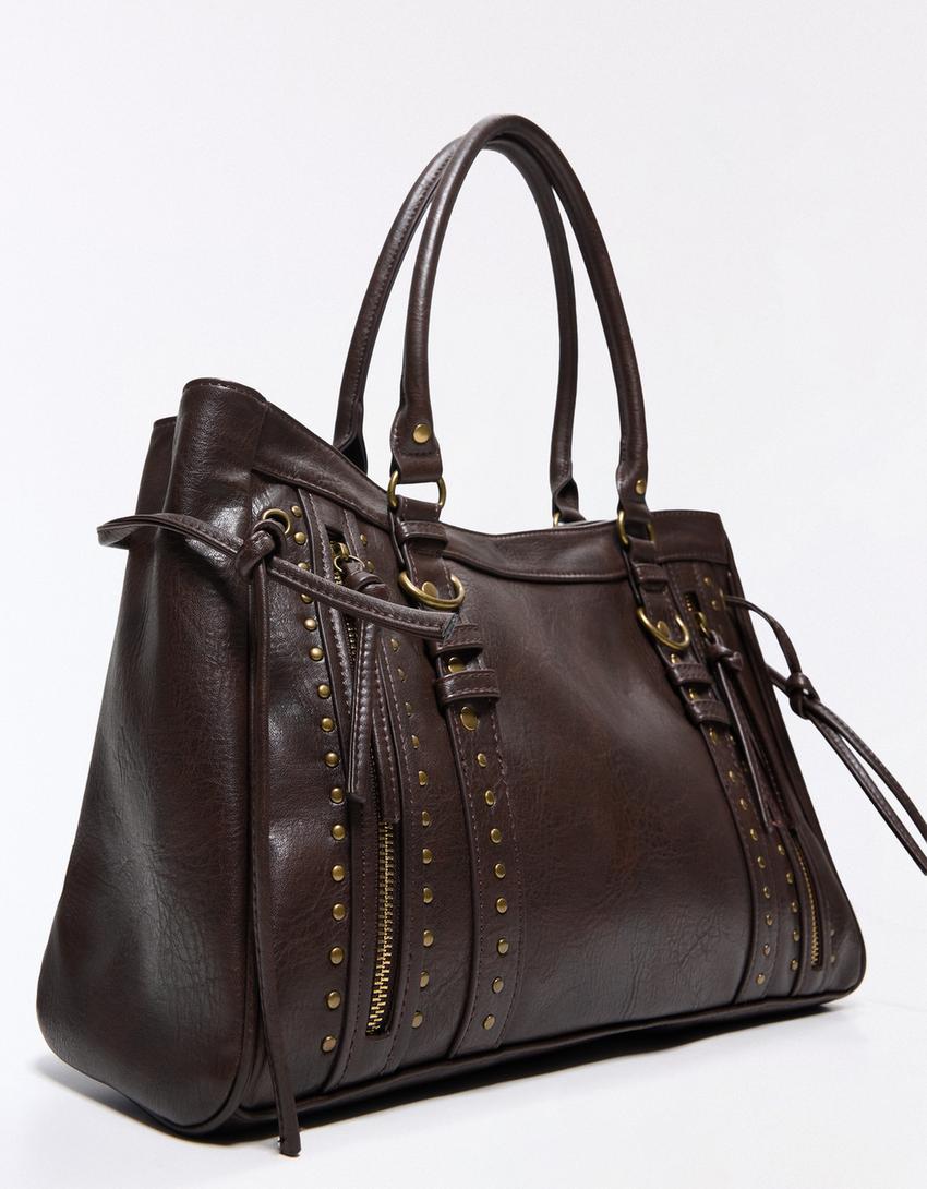 Bag with zips and studs-Brown