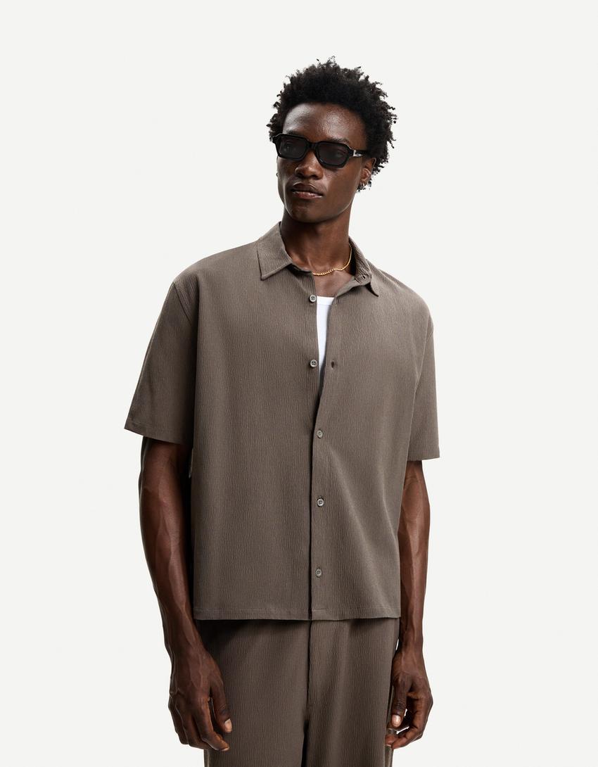 Pleated short sleeve shirt-Sand-0
