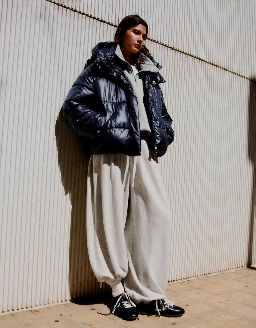 Oversize quilted hooded jacket-Navy