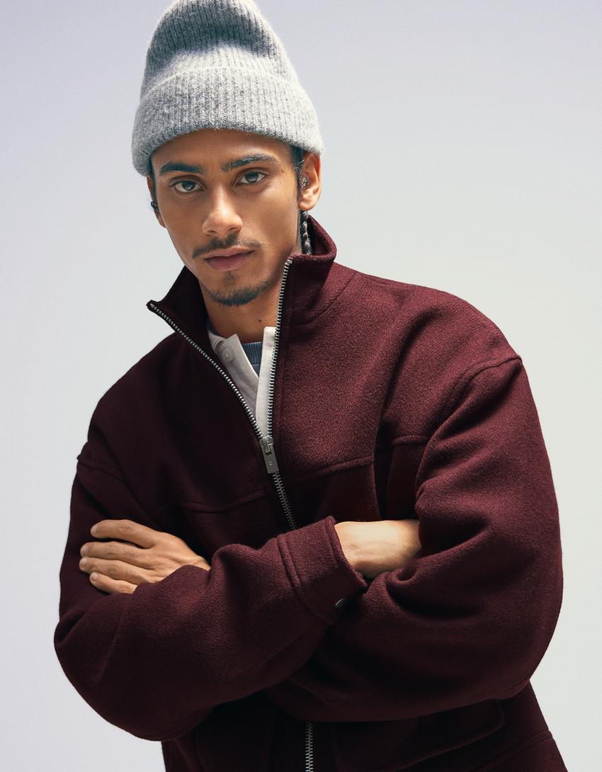 Felt texture jacket with zip-Burgundy
